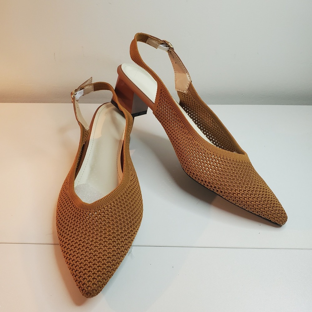 Woven Knit Pointed Toe Slingback Pumps Tan Brown Block Heel Breathable Size 9